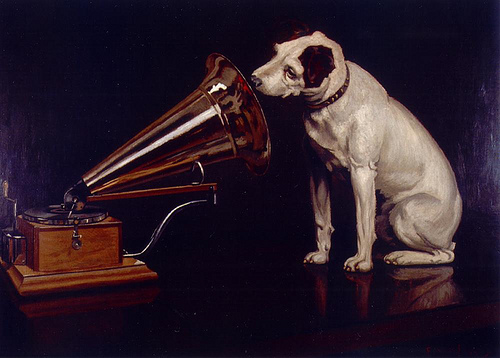3353936487 2599d7b8dc Dog Looking at and Listening to a Phonograph, His Masters Voice, The Original RCA Music Puppy Dog Logo Symbol for Advertising